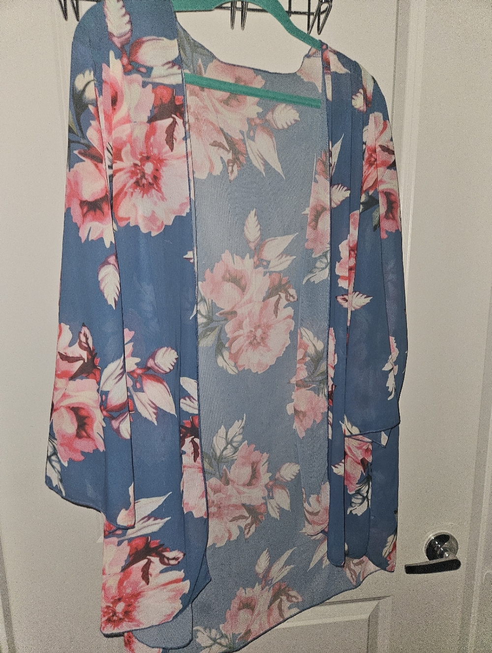 Blue Floral Sheer Kimono Cardigan - Pink Rose Print